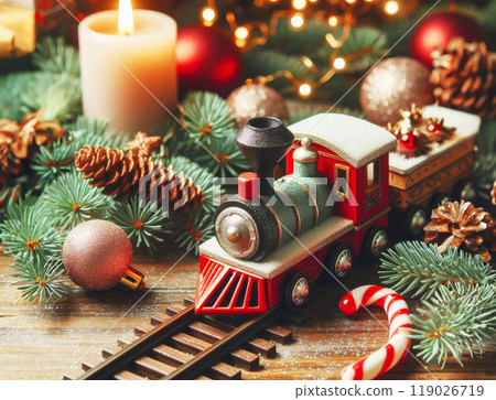 A Christmas toy train among the branches of Christmas trees and New Year's toys and gifts. A Christmas toy train among the branches of Christmas trees and New Year's toys and gifts. 119026719