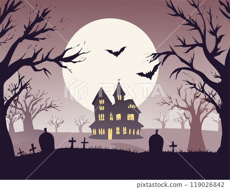 A haunted house stands ominously beneath a full moon, with crooked windows glowing faintly. A winding path leads through a graveyard surrounded by twisted, barren trees. A bat flies across the eerie, 119026842