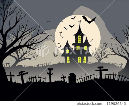 A haunted house stands ominously beneath a full moon, with crooked windows glowing faintly. A winding path leads through a graveyard surrounded by twisted, barren trees. A bat flies across the eerie, 119026843