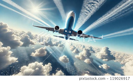 一架藍色飛機優雅地飛過城市上空 119026917