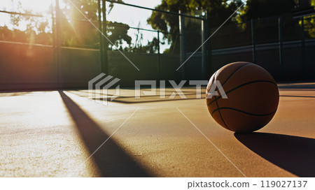 basketball rests on sunlit court, casting long shadows as golden light of sunset enhances serene atmosphere. scene evokes sense of calm and anticipation 119027137
