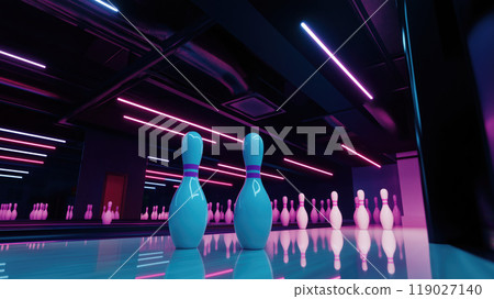 Bowling pins stand prominently in vibrant, neon lit bowling alley, reflecting lively atmosphere. colorful lights create energetic vibe, perfect for fun night out 119027140