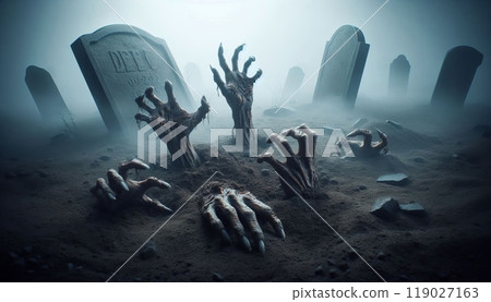 Rotting Undead halloween Hands Emerging from the Dirt in a Haunting Graveyard with Flickering Lantern and Broken Gravestones 119027163