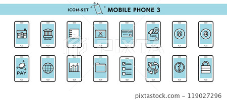 Various icons of convenient functions for mobile phones and smartphones such as banking, electronic payment, points, and money Various icons of convenient functions for mobile phones and smartphones such as banking, electronic payment, points, and money 119027296