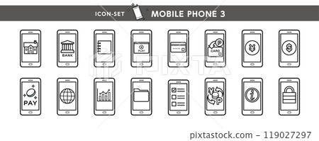 Various icons of convenient functions for mobile phones and smartphones such as banking, electronic payment, points, and money Various icons of convenient functions for mobile phones and smartphones such as banking, electronic payment, points, and money 119027297