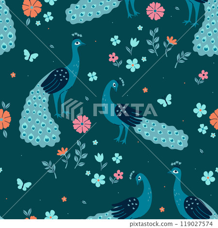 Seamless pattern with peacocks and flowers. Vector graphics. Seamless pattern with peacocks and flowers. Vector graphics. 119027574