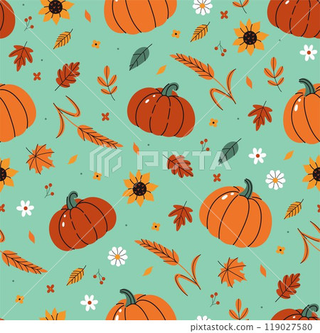 Seamless pattern with autumn pumpkins, flowers and leaves. Vector graphics. Seamless pattern with autumn pumpkins, flowers and leaves. Vector graphics. 119027580