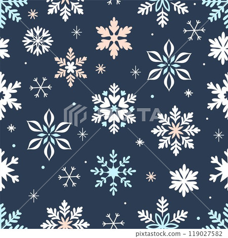 Seamless pattern with snowflakes of different shapes on a blue background. Vector graphics. Seamless pattern with snowflakes of different shapes on a blue background. Vector graphics. 119027582