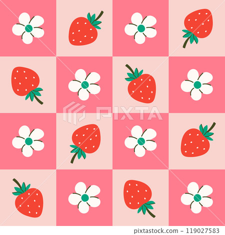 Simple checkered pattern with strawberries and flowers. Vector graphics Simple checkered pattern with strawberries and flowers. Vector graphics 119027583