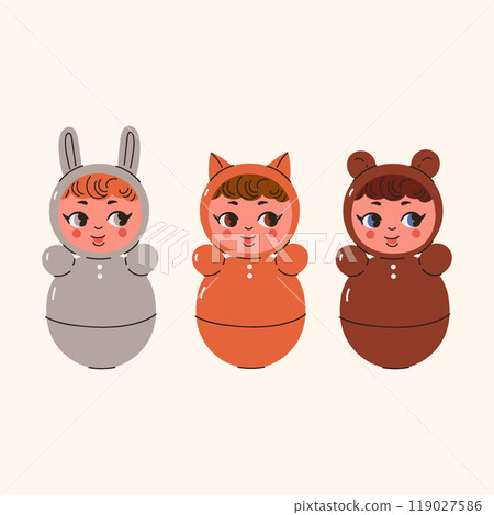 Set of cute tumbler dolls in animal costumes. Vector graphics 119027586