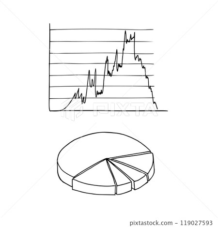 Business analytical trend line graph. Volumetric ring pie chart divided into 5 sectors of different sizes. Infographic design template drawn by hand in black ink. Vector illustration for presentation Business analytical trend line graph. Volumetric ring pie chart divided into 5 sectors of different sizes. Infographic design template drawn by hand in black ink. Vector illustration for presentation 119027593