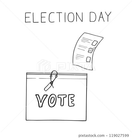 Voting bulletin sheet with agree check mark and sealed and signed ballot box vector isolated illustration painted by black inks. Election day sketch for advertising, presentation, poster. 119027599
