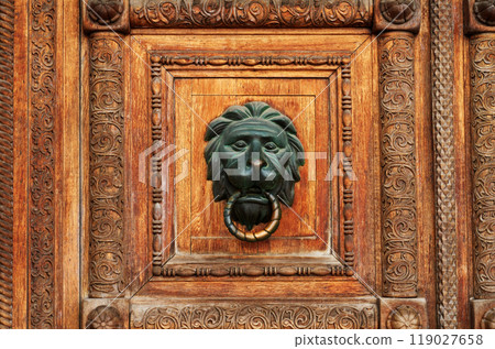 Metal antique lock in the shape of a lion on a wooden door. Close-up. Metal antique lock in the shape of a lion on a wooden door. Close-up. 119027658