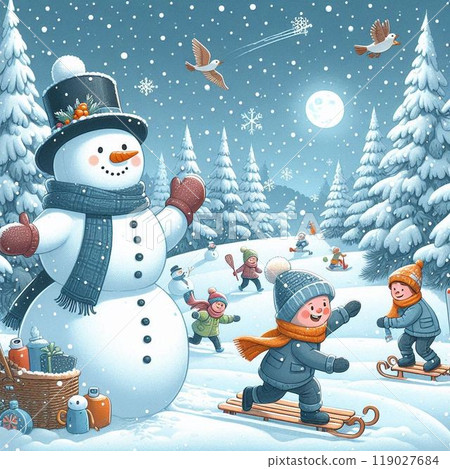 Santa Claus making a snowman Santa Claus making a snowman 119027684