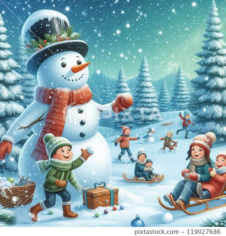 Santa Claus and children riding a sleigh on the snow Santa Claus and children riding a sleigh on the snow 119027686