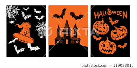 Halloween symbols, bat, hat, pumpkin, pattern, hand drawn illustrations Halloween symbols, bat, hat, pumpkin, pattern, hand drawn illustrations 119028013