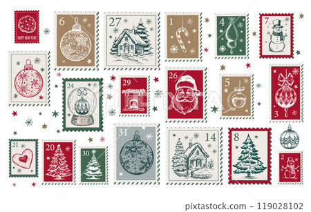 Christmas Stamps, mail, Advent calendar with tree, ball,, postcard hand drawn illustrations. 119028102