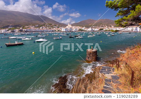 Cadaques Bay with boats and Church of Santa Maria, Catalonia, Spain 119028289