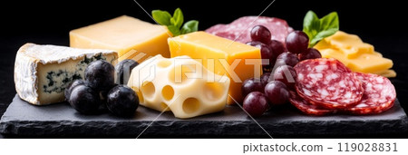 Elegant charcuterie board featuring an assortment of cheeses meats fruits 119028831