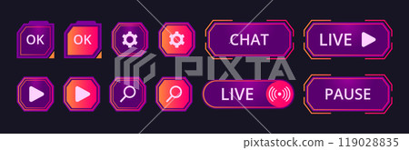 Gaming buttons and bars. Game streaming interface elements, futuristic game stream dashboard icons flat vector illustration set. Mmo game menu elements Gaming buttons and bars. Game streaming interface elements, futuristic game stream dashboard icons flat vector illustration set. Mmo game menu elements 119028835