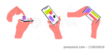 Hands holding smartphone. Human hand touch screen, mobile phones users, fingers scrolling and tapping device screens flat vector illustration set. Cartoon smartphone users Hands holding smartphone. Human hand touch screen, mobile phones users, fingers scrolling and tapping device screens flat vector illustration set. Cartoon smartphone users 119028838