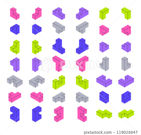 Isometric geometric shapes. Mosaic 3d blocks, colorful puzzle game cube blocks vector illustration set. Logic games constructor elements 119028847