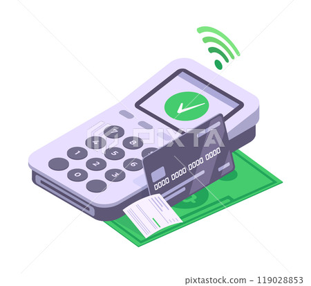 Mobile banking transaction. Isometric electronic credit card payment, terminal online contactless payment 3d vector illustration. Contactless payment concept Mobile banking transaction. Isometric electronic credit card payment, terminal online contactless payment 3d vector illustration. Contactless payment concept 119028853