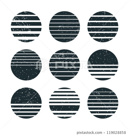 Retro abstract emblems. Circle silhouette badges, grunge tabby labels, round striped elements flat vector illustration set. Grunge texture stamps Retro abstract emblems. Circle silhouette badges, grunge tabby labels, round striped elements flat vector illustration set. Grunge texture stamps 119028858