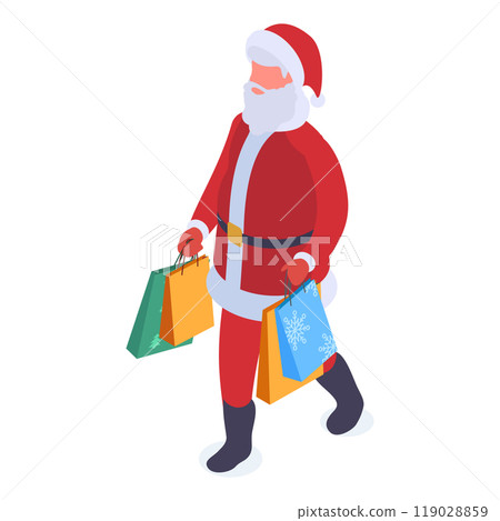 Santa Claus character. Isometric walking Christmas Santa mascot with gift bags 3d vector illustration. Christmas holidays Santa Claus on white Santa Claus character. Isometric walking Christmas Santa mascot with gift bags 3d vector illustration. Christmas holidays Santa Claus on white 119028859