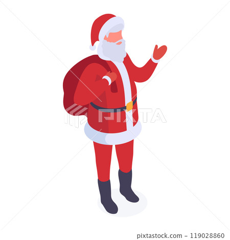 Santa Claus Christmas character. Isometric Santa mascot walking with sackful of gifts 3d vector illustration. Christmas holidays Santa Claus on white Santa Claus Christmas character. Isometric Santa mascot walking with sackful of gifts 3d vector illustration. Christmas holidays Santa Claus on white 119028860