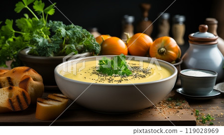 Chicken potato cream soup for simple breakfast 119028969