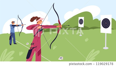 Archery marksmanship competition. Athletes with bows aim at round targets. People shooting arrows. Archer training. Bowman tournament. Accuracy shoot practice. Garish vector concept Archery marksmanship competition. Athletes with bows aim at round targets. People shooting arrows. Archer training. Bowman tournament. Accuracy shoot practice. Garish vector concept 119029178