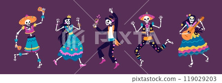 Dancing Mexican skeletons. Male and female deads in carnival costumes. Day of dead party. Halloween festival characters. Skeletal bodies. Bones and skulls. Horror fun. Garish vector set 119029203