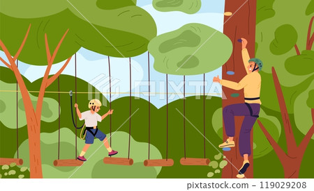 Father and son have fun in rope park. Happy family on adventure forest attraction. Suspension bridge. Kid overcoming obstacles. Dad climbing tree. Extreme sport. Garish vector concept 119029208