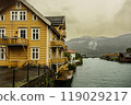 Bank of the Stryneelva River as it passes through the city of Stryn. Norway. 119029217