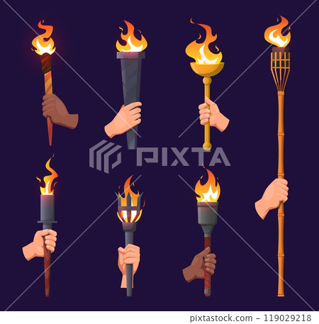 Human hands hold ancient burning torches. Medieval lantern. Stone and metal light sources with flames. Olympic competition symbol. Victory torchlight. Old flambeaus. Vector firelights set Human hands hold ancient burning torches. Medieval lantern. Stone and metal light sources with flames. Olympic competition symbol. Victory torchlight. Old flambeaus. Vector firelights set 119029218