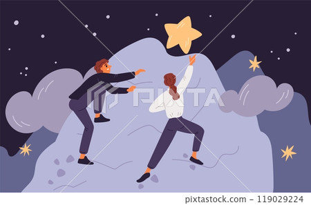 Man and woman conquer mountain top. Overcoming obstacles. Business rivalry. Race for trophy. Motivation and ambition. Colleagues climbing rock peak. Challenge goal. Garish vector concept 119029224