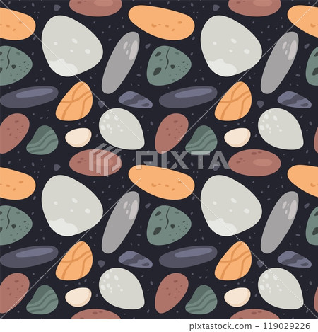 Pebble stones seamless pattern. Rounded smooth cobblestones with textures. Different shapes and colors. Marine gravel cobbles. Geological boulders. Repeated print. Garish vector background Pebble stones seamless pattern. Rounded smooth cobblestones with textures. Different shapes and colors. Marine gravel cobbles. Geological boulders. Repeated print. Garish vector background 119029226