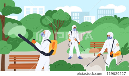 People in protective uniforms disinfect park. Exterminate pests. Poisons spraying against insects in city. Professional disinfection. Pesticide sprayer equipment. Garish vector concept 119029227