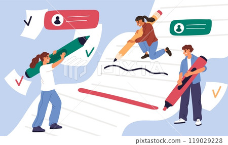 People sign document with big pens. Men and women mark items in checklist. Tiny businessman holding huge marker or and pencil. Work agreement. Creation process. Garish vector concept 119029228
