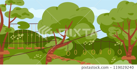 Rope park landscape. Adventure attraction with suspension bridges and walkways. Climbing trees. Rings and logs. Overcoming obstacle. Mountaineering playground. Garish vector concept 119029240