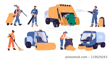 Street cleaning equipment and machines. Cartoon wipers with trash removal devices. Urban garbage cleaners. Janitors pick up waste. Sweepers with dustbins and brooms. Garish vector set 119029263