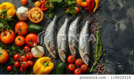 mackerel raw red fish seafood appetizer meal food snack surrounded by vibrant vegetables l mackerel raw red fish seafood appetizer meal food snack surrounded by vibrant vegetables l 119029328