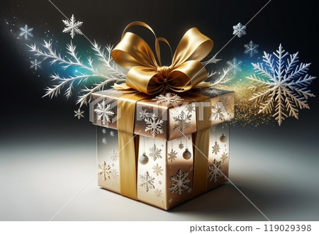 New Year gift box with bright ribbon, New Year card 119029398