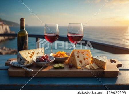 cheese plate with wine in glasses on wooden table, on the seashore 119029399
