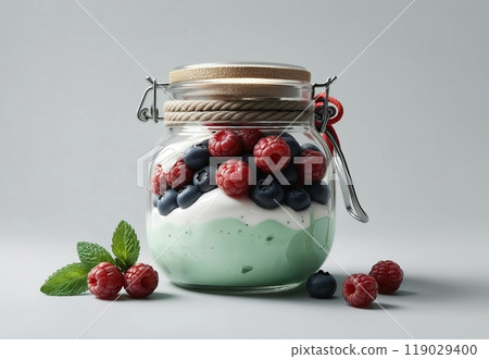 natural organic yogurt in a glass jar with berries, organic natural product 119029400
