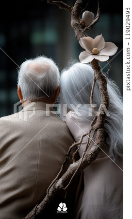 Grandparents sitting in front of the house on a bench. 119029493