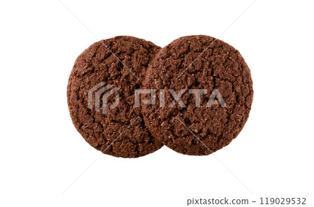 Two chocolate brownie cookies with cracks isolated, top view. Round american chocolate cookies isolated on white background, top view. 119029532