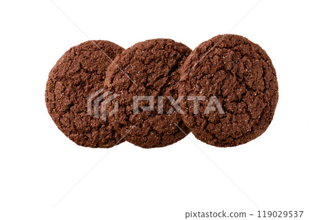 Chocolate brownie cookies with cracks. Round chocolate brownie cookies with cracks isolated on white background, top view. 119029537