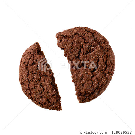 Broken chocolate brownie cookies with cracks isolated on white background, top view. Broken chocolate brownie cookies with cracks isolated on white background, top view. 119029538